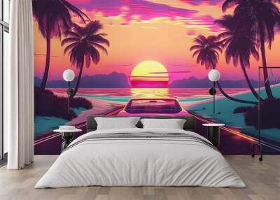 summer vibes 80s style illustration with car driving into sunset  Wall mural